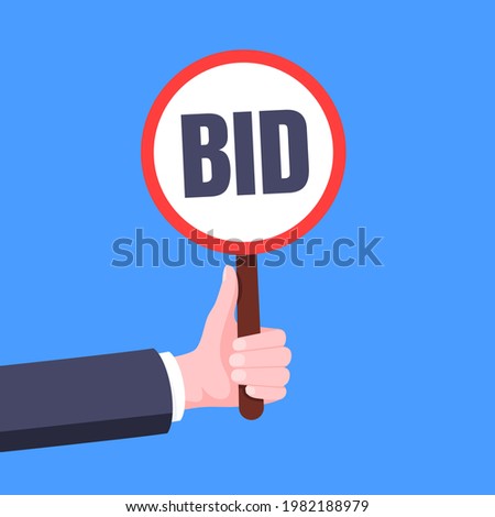 Hand hold round auction bid paddle banner plate sign business concept flat style design vector illustration. Hand holds bid voting paddle.