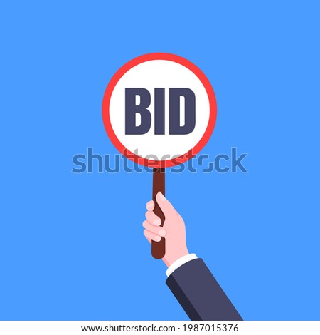Hand hold round auction bid paddle banner plate sign business concept flat style design vector illustration. Hand holds bid voting paddle.