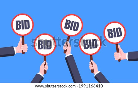 Hand hold round auction bid paddle banner plate sign business concept flat style design vector illustration set. Hand holds bid voting paddle.