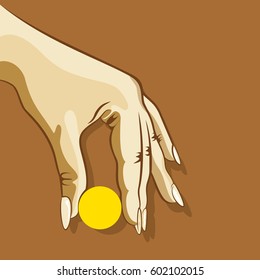 hand hold round object, or blank sticker to write some text design