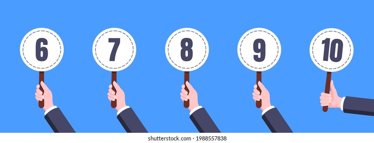 Hand hold round score card banner plate with numbers 6, 7, 8, 9, 10 business concept flat style design vector illustration. Votes jury judges of tournament or contest.