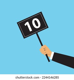 Hand hold round score card banner plate with number 10 business concept flat style design vector illustration. Votes jury judges of tournament or contest. 