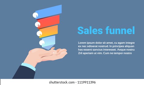 hand hold sales funnel with steps stages business infographic. purchase diagram concept over blue background copy space flat design vector illustration