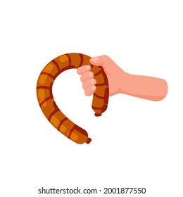 Hand hold sausage. Flat cartoon illustration isolated on white. Man offers food. Meat products