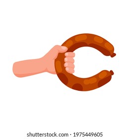 Hand hold sausage. Man offers food. Meat products. Flat cartoon illustration isolated on white