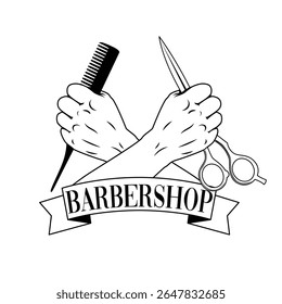 mão segurar tesoura e vetor de pente ilustração. hairstylist logotipo, rótulo, emblema, sinal, distintivo.	