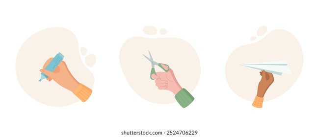 Hand hold scissors, pencil, and paper plane in a set of cartoon illustrations. Female hand gesture isolated on a clean background. Concept of writing, crafting, and playful creativity.