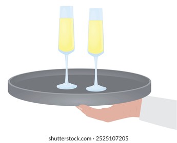 Hand hold serving plate with champagne glasses. vector
