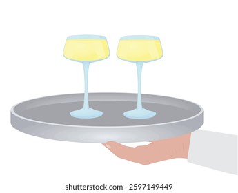 Hand hold serving plate with champagne glasses. vector