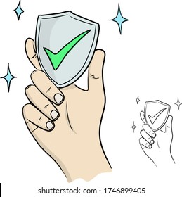 hand hold shield with green check mark vector illustration sketch doodle hand drawn isolated on white background
