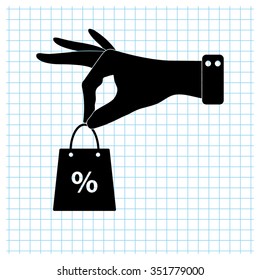 hand hold shopping bag - black vector icon