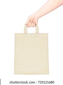 Hand hold Shopping bag. Set of accessoryes for foodstuff. Eco Bags mockup Isolated white background. Vector illustration.