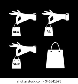 hand hold shopping bag - vector icon; set;