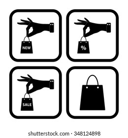 hand hold shopping bag - vector icon; set;