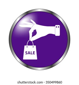 hand hold shopping bag - vector icon; violet button