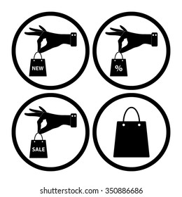 hand hold shopping bag - vector icon; set;