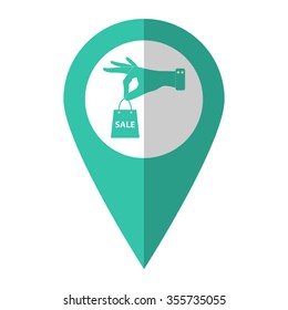 hand hold shopping bag - vector icon;  green map pointer