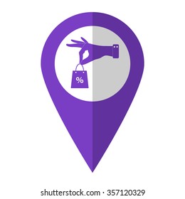 hand hold shopping bag - vector icon;  violet map pointer