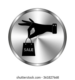 hand hold shopping bag - vector icon;  metal button