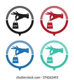 hand hold shopping bag - vector icon; map pointer;  message bubble