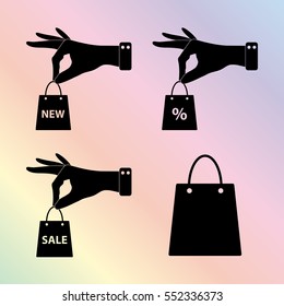 hand hold shopping bag - vector icon; set