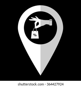 hand hold shopping bag - white vector icon;  map pointer