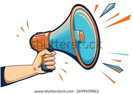 Hand hold shouting megaphone - colorful advertising sign