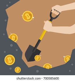 Hand hold shovel digging for bitcoin. Bitcoin mining concept