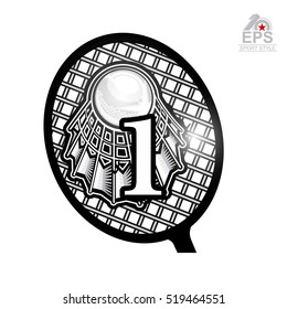 Hand hold shuttlecock with racket and number one in center. Sport logo isolated on white for any badminton team or championship