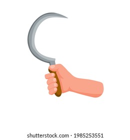 Hand hold sickle. Farmer tool for harvesting crops. Flat cartoon illustration