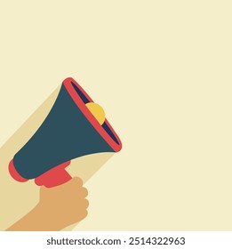 hand hold a simple megaphone or loudspeaker recording flat design isolated for demonstration illustration. attention loud or shout. breaking news announcement vector. bullhorn for speech art simple