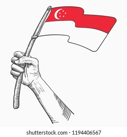 Hand Hold Singapore National Flag of Country drawing illustration