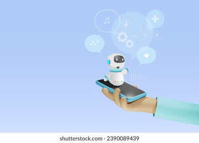 Hand hold smart phone with AI chat bot giving smart solution answer to user. Artificial intelligence robot answer questions provide refinement conversation and ideas. 3D vector.