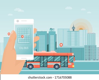 Hand hold smart phone app, city bus travel tour, autobus mobile application flat vector illustration. Street coach urban guided tour trip, design concept travel excursion route urban landscape.