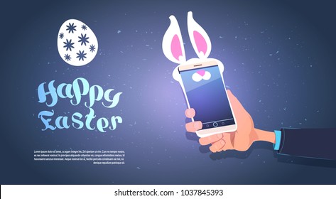 Hand Hold Smart Phone With Bunny Ears Happy Easter Background With Copy Space Flat Vector Illustration
