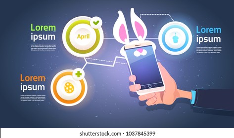 Hand Hold Smart Phone With Bunny Ears Over Template Infographic Elements For Happy Easter Holiday Background Flat Vector Illustration