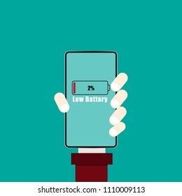 Hand hold smart phone with low battary icon and text,