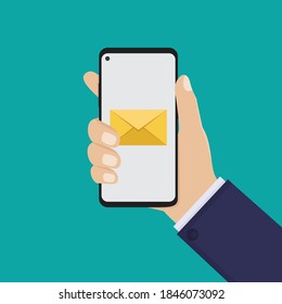 hand hold smart phone and message icon, flat design vector illustration