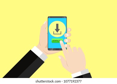 hand hold a smart phone and touch  a screen download button 