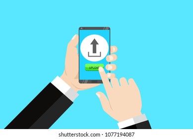 hand hold a smart phone and touch a button upload on screen 