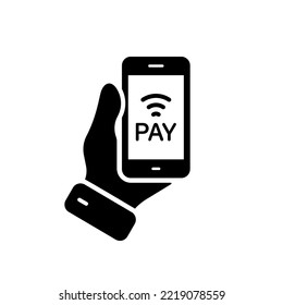 Hand Hold Smartphone Access Money Payment Silhouette Icon. Contactless Pay Technology in Mobile Phone Glyph Pictogram. Digital Banking Service in Cell Phone. Isolated Vector Illustration.