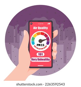 Hand hold smartphone and application check PM 2.5. Air pollution alert. Check the dust meter gauge sign and icon. Vector illustration.