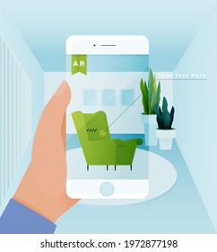 Hand Hold Smartphone with AR Application Use to Simulate Furniture Interior. Modern Flat Vector Illustration. Products Design Living Room in 3D Virtual Home Reality. Social Media Template.