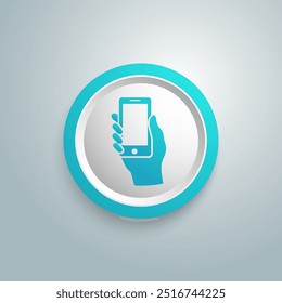 Hand hold the smartphone blue icon. Vector