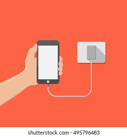 hand hold smartphone and charge battery on plug,business concept,flat design ,vector eps10