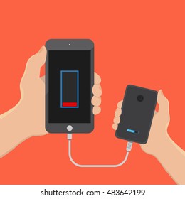 hand hold smartphone and charge with power bank,low, batterybusiness concept, flat design, vector eps10