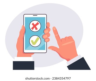 Hand hold smartphone with check mark device approve accept concept. Vector flat graphic design illustration
