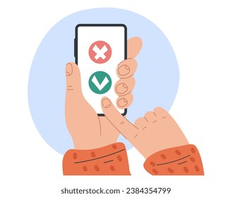 Hand hold smartphone with check mark device approve accept concept. Vector flat graphic design illustration
