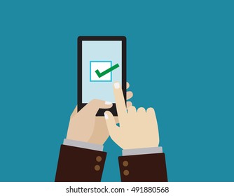 Hand hold smartphone. Checkboxes on smartphone screen. 
finger touch screen. Checkboxes and checkmark. 
flat design concept for web banners. vector illustration Modern