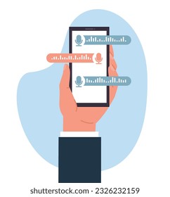 Hand hold smartphone, communicating by voice messaging. Phone screen with microphone and soundwave. Voicemail playing. Cartoon flat style isolated illustration. Vector messenger app concept